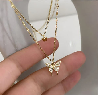 Women Double Layer Pendant Chain Silver Butterfly Necklace Chain